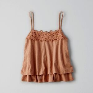 American Eagle tan brown loose TIERED HEM CROCHET knit cami tank top shirt L